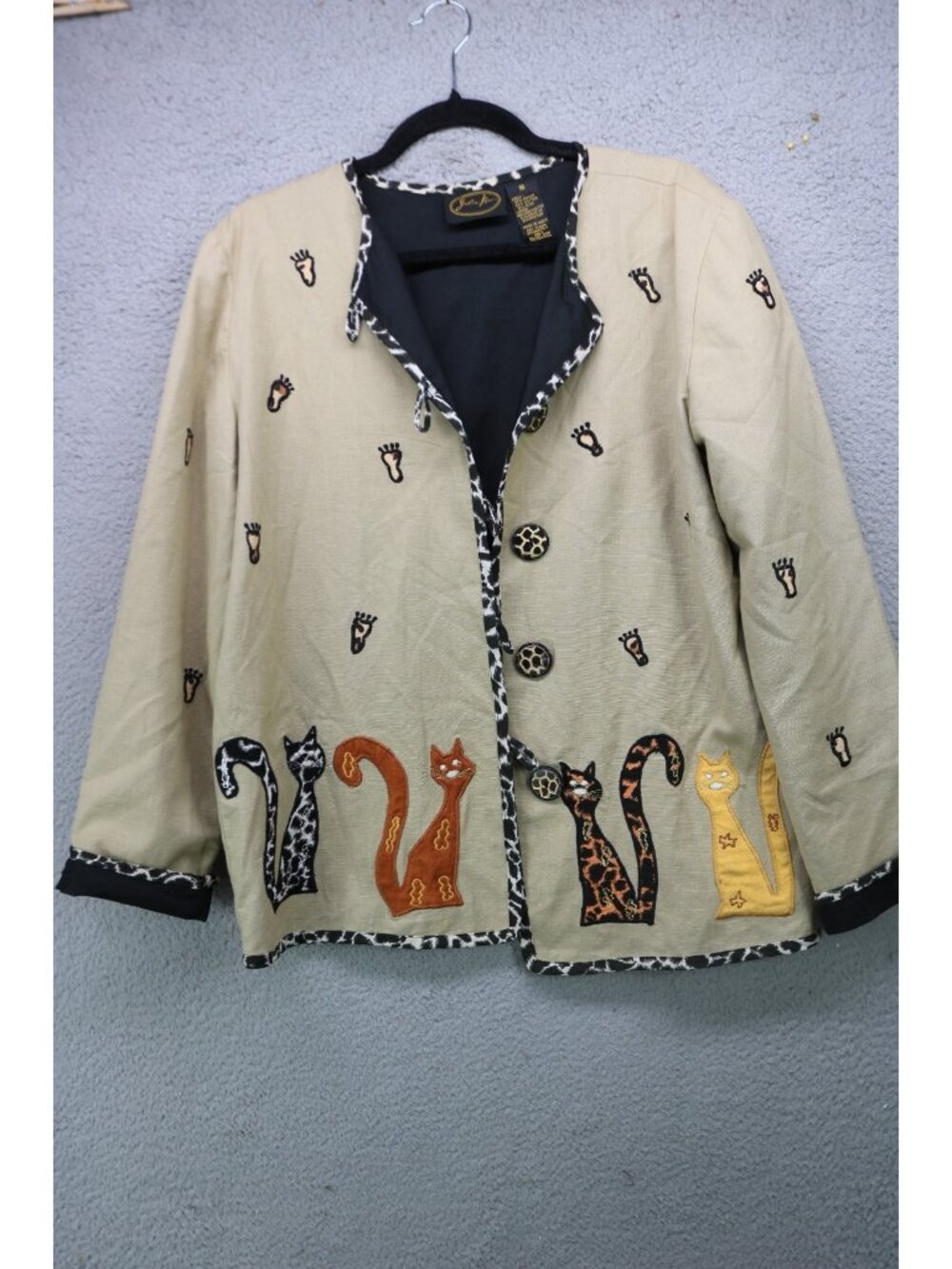 Julia Kim Vtg. Linen Blend Jacket-Size Small-Embroidered-Cats-Whimsical-Y2K